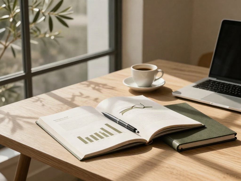 Business performance reports and strategy notes arranged on an oak worktable in natural light