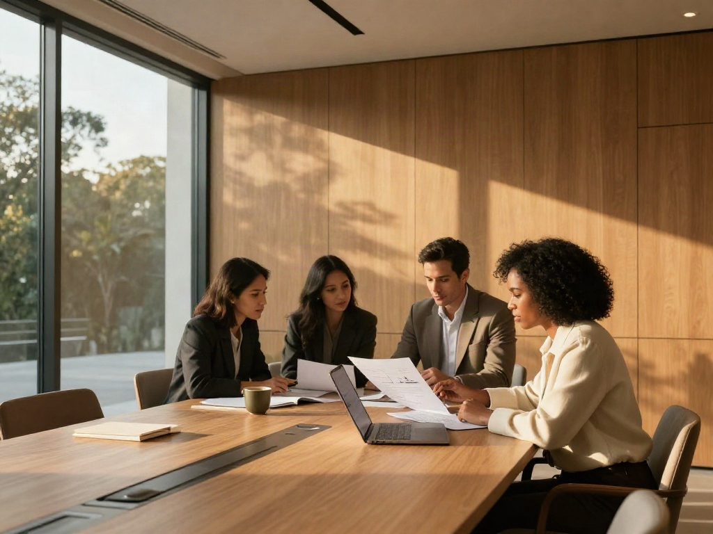 Management consultants collaborating on business strategy in a warm, sunlit boardroom